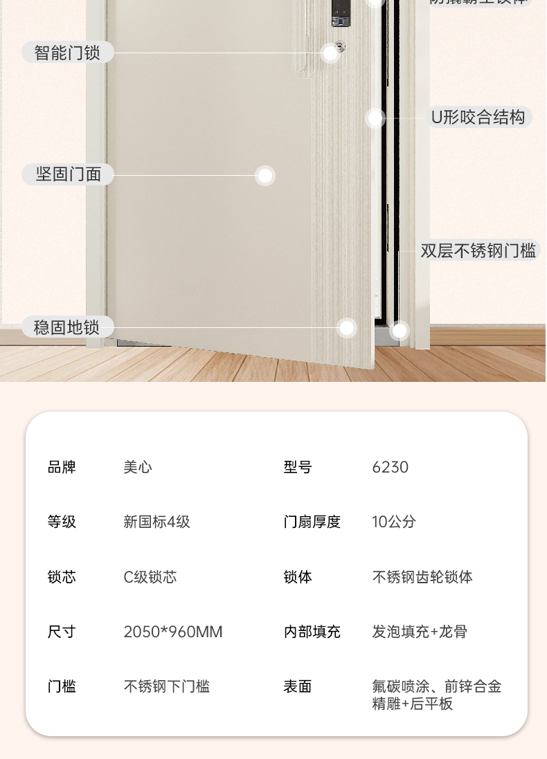 美心新款INS奶油风甲级防盗门安全门别墅大门智能门单门子母6230(图19)