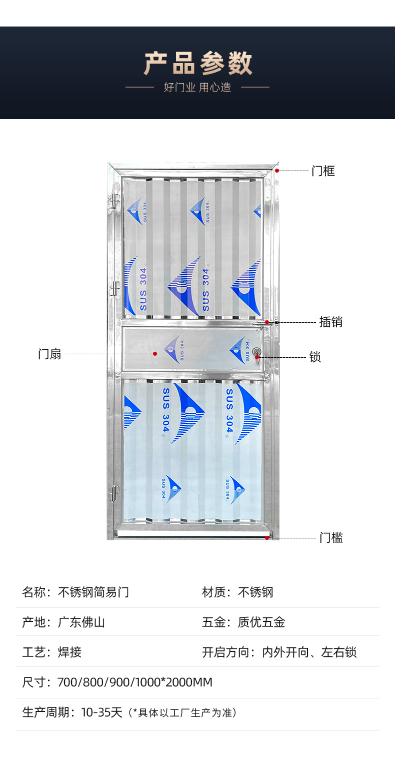 304不锈钢门出租屋门加厚不锈钢门防盗门卫生间门单开宿舍门定制(图3)