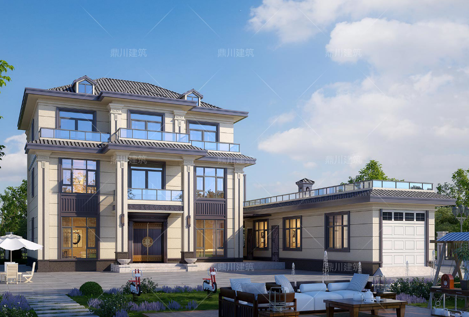 新中式三层别墅设计_楼房装修图片大全农村_方柱雕花别墅