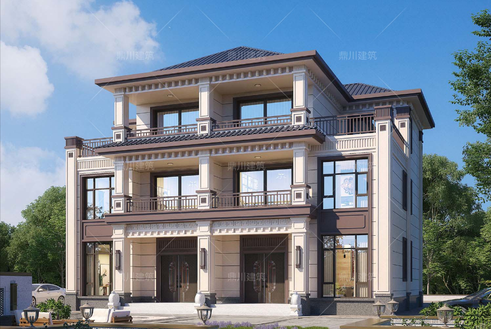 新中式三层别墅设计_楼房装修图片大全农村_方柱雕花别墅
