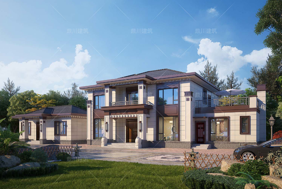 新中式三层别墅设计_楼房装修图片大全农村_方柱雕花别墅