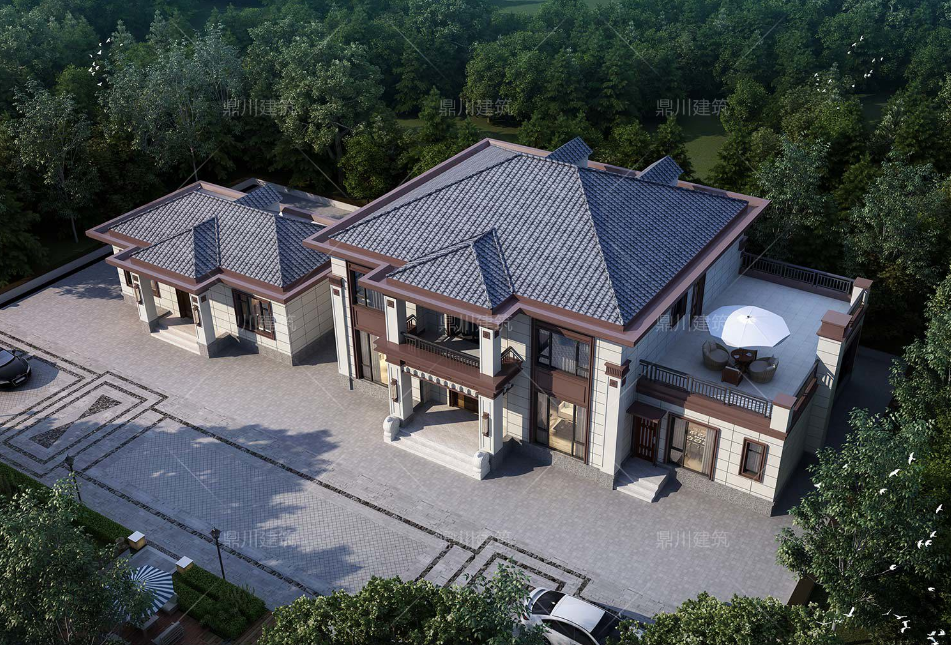 新中式三层别墅设计_楼房装修图片大全农村_方柱雕花别墅