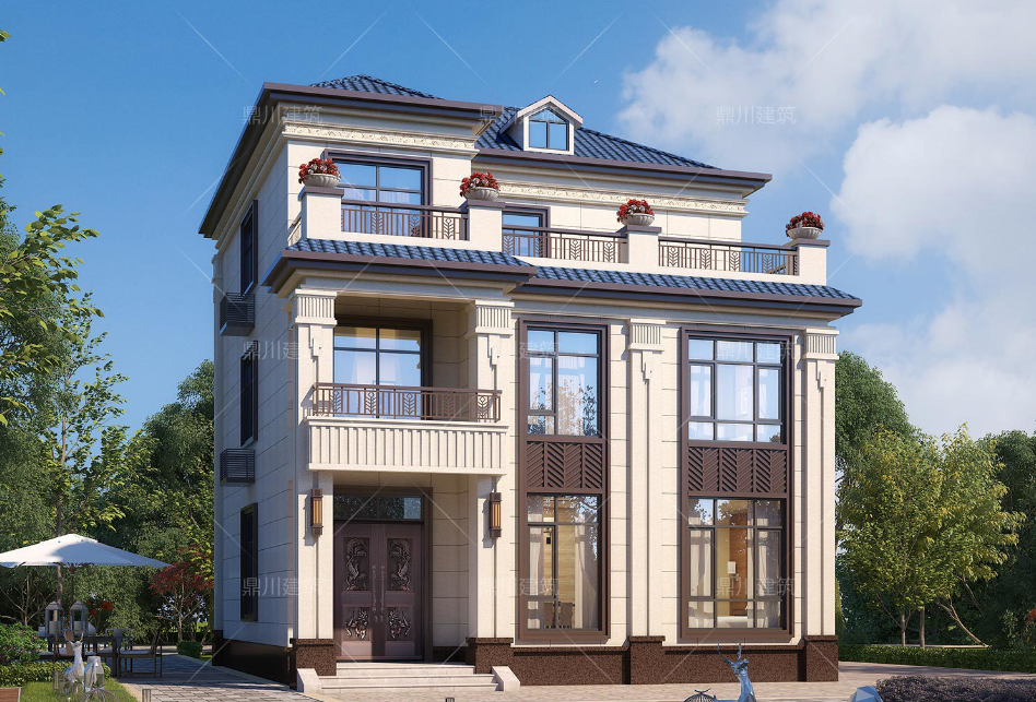 方柱雕花别墅_新中式三层别墅设计_楼房装修图片大全农村