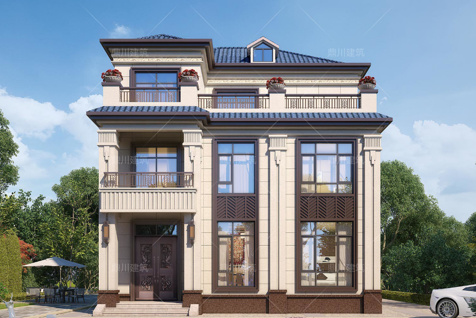 楼房装修图片大全农村_方柱雕花别墅_新中式三层别墅设计