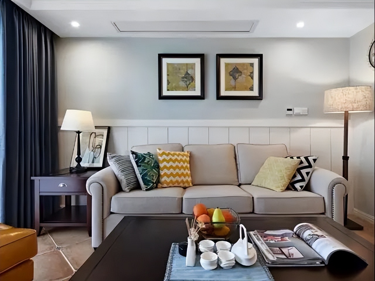 110㎡美式风格,客厅效果很漂亮,榻榻米设计实用!(图3) 美式家具 小户型_美式风格装修案例_客厅电视背景墙设计