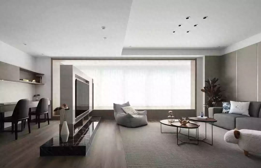 150㎡现代简约，客厅太宽敞，装个矮墙电视墙，隔出一个办公房