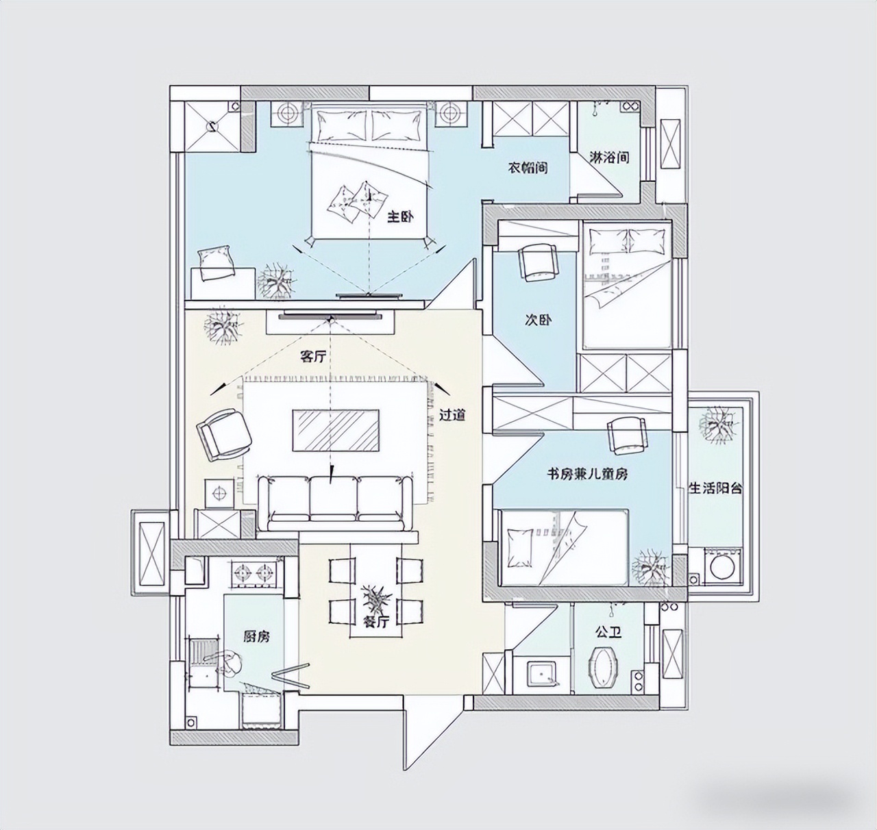 她把100㎡三居室利用到极致,每个空间都很舒适,很有远见和眼光(图9) 小户型客厅餐厅打通技巧_100平三室空间设计_100平房子装修设计图