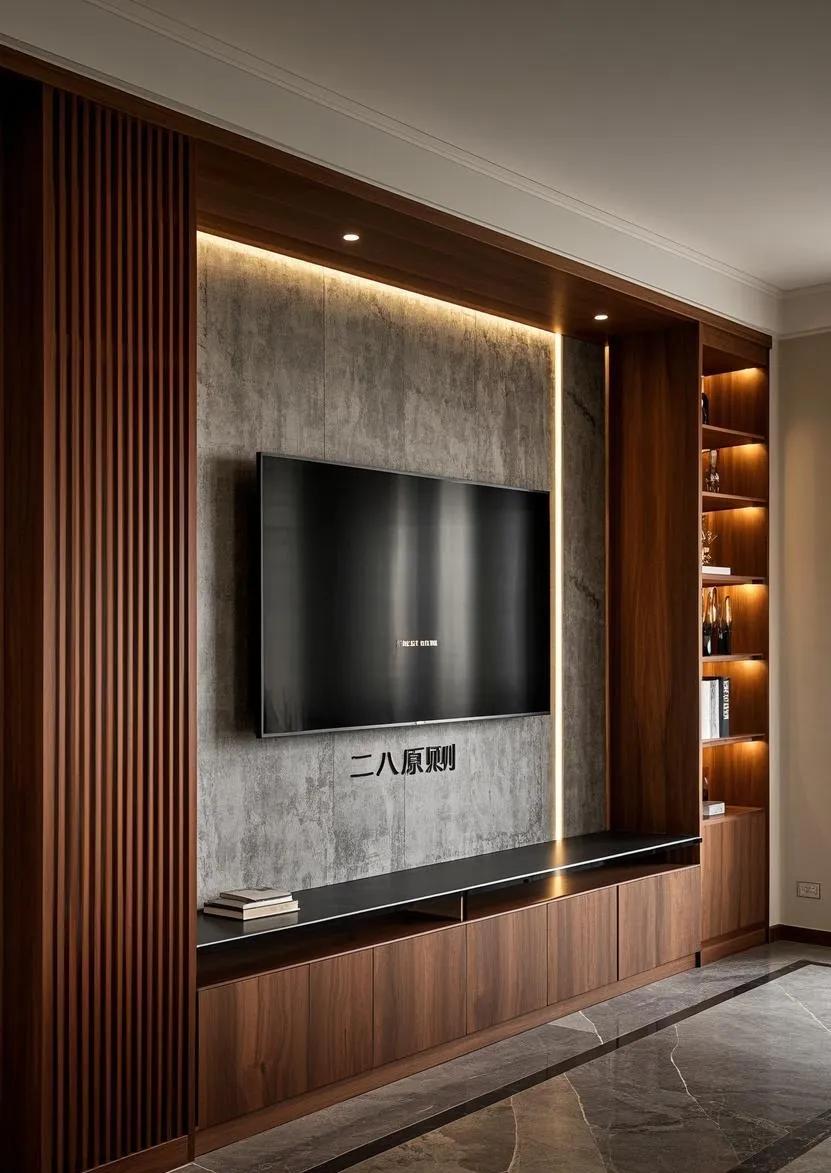 2025年必火的电视背景墙设计:5大趋势打造客厅颜值天花板(图2) 生态木墙面效果图_客厅视觉焦点装修_电视背景墙设计