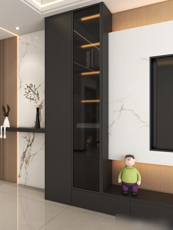 她家116㎡,光一个电视背景墙就让无数人效仿,实用又有高级感(图13) 电视墙岩板木格栅设计_悬空电视柜隐藏灯带_装修效果图大全2025图片电视墙