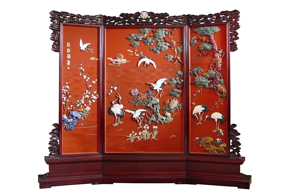 雕漆嵌玉《松龄鹤寿》地屏-刻漆真金挂画_刻漆贴金座屏_扬州中式家具_扬州漆器厂有限责任公司