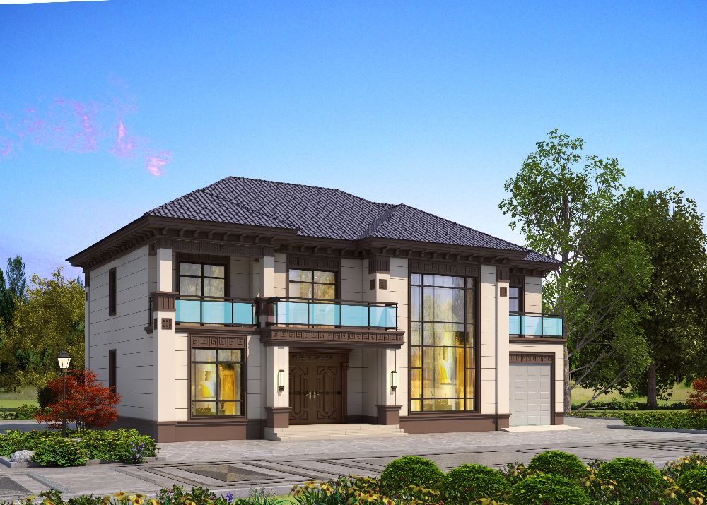 车库跃层旋转楼楼梯样样有 农村住宅 二层新中式自建房(图2) 二层别墅设计 205平米带车库旋转楼梯 新中式布局_跃层式楼梯 装修