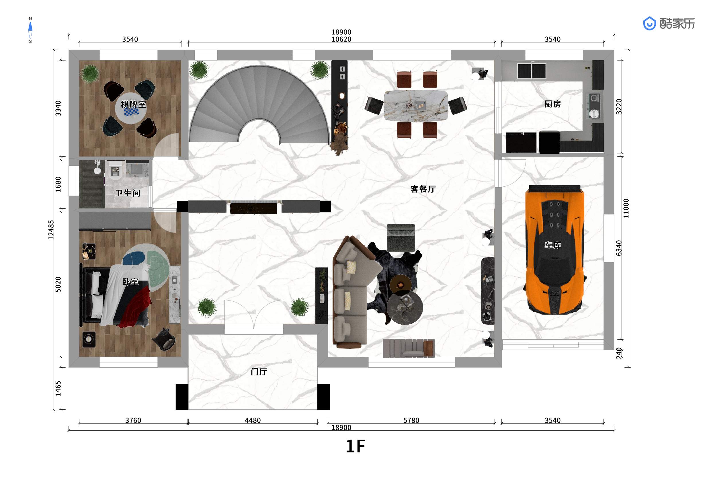 车库跃层旋转楼楼梯样样有 农村住宅 二层新中式自建房(图3) 二层别墅设计 205平米带车库旋转楼梯 新中式布局_跃层式楼梯 装修