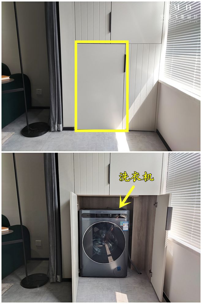 若是客厅阳台打通了,洗衣机我一定要藏起来,这3个方案不会出错(图5) 滚筒洗衣机装修效果图_客厅阳台打通利弊_阳台洗衣机隐形方案