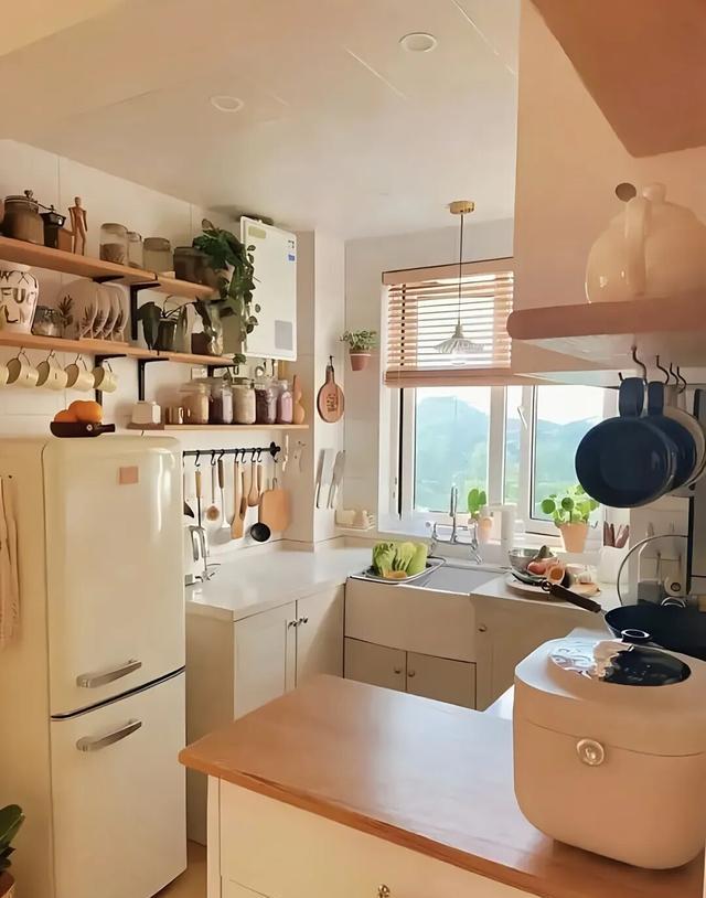 若再次装修,厨房坚决不做吊柜!照抄邻居家的做法,既美观又实用(图16) 高柜系统墙面收纳_日式厨房装修风格图片_现代厨房设计无吊柜